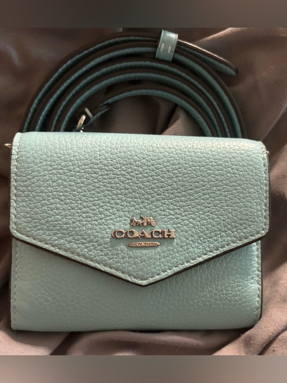 Coach Pebbled Leather Wallet Crossbody in Aqua Blue